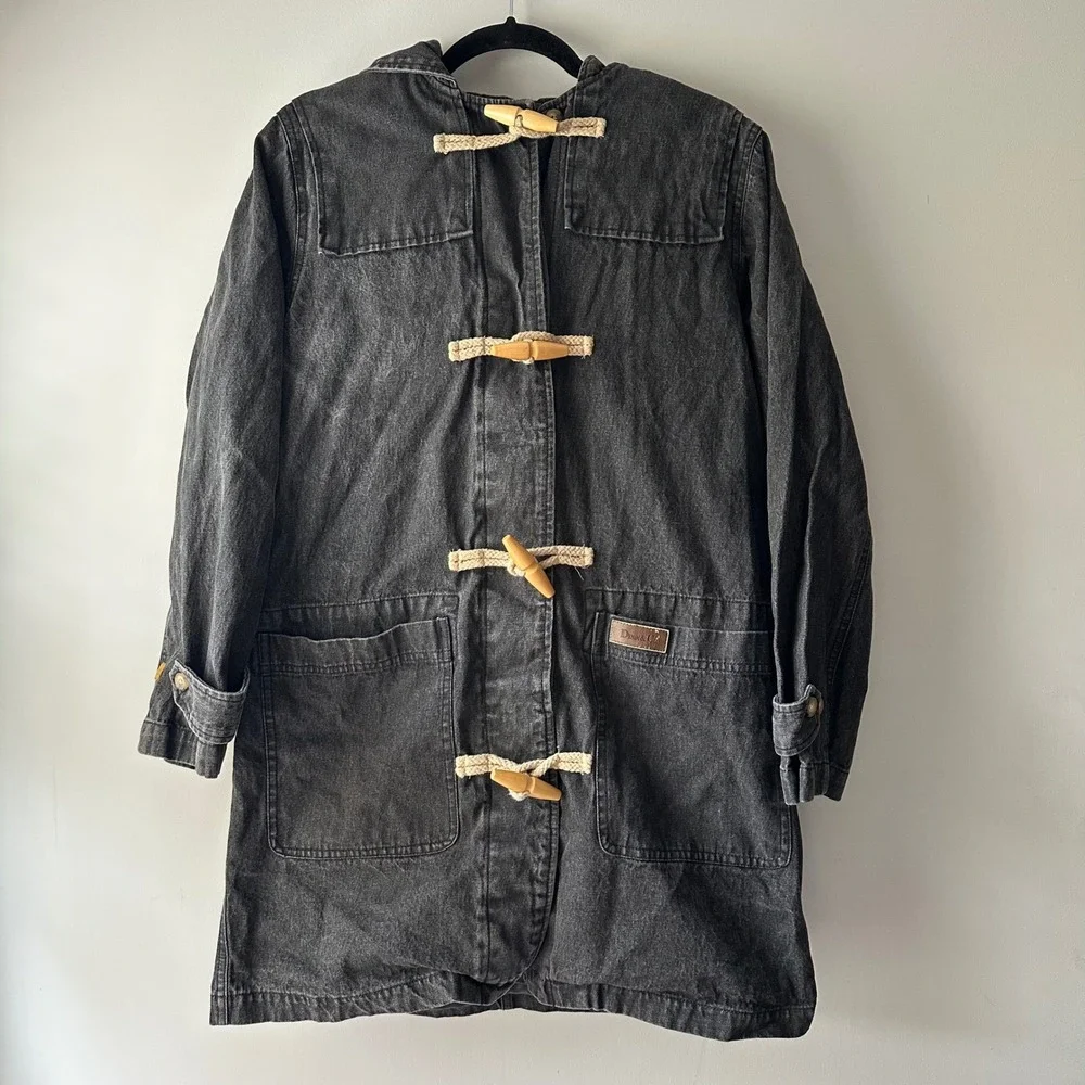 Denim & Co. Charcoal Gray Denim Duffle Coat Hooded Lined Toggle Closure